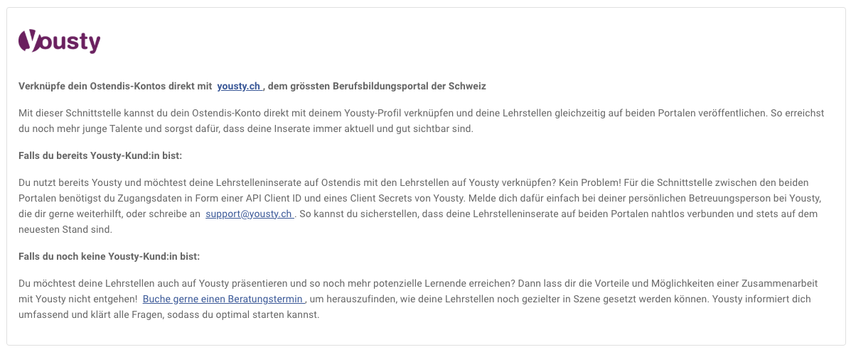 Ostendis Schnittstelle zu Yousty - E-Recruiting